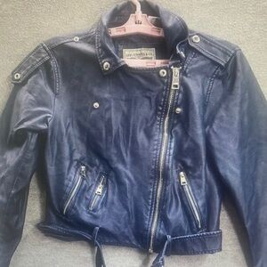 Levi's Women Jacket S Blue Moto Western Buckle Faux Leather Belted Collar Crop